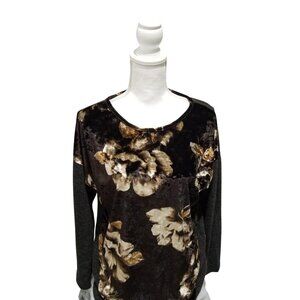 Entro Womens Medium Black & Floral Velvet Long Sleeve Top